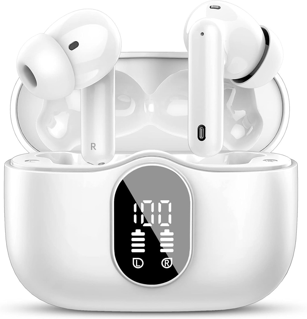Btootos Trådløse Earbuds Bluetooth 5.4 Hovedtelefoner Bass Stereo Ear Bud med støj Annullering Mic LED Display i Ear Earphones IP7 Vandtæt 36H Playtime for Laptop Pad Phones Sport Workout Hvid