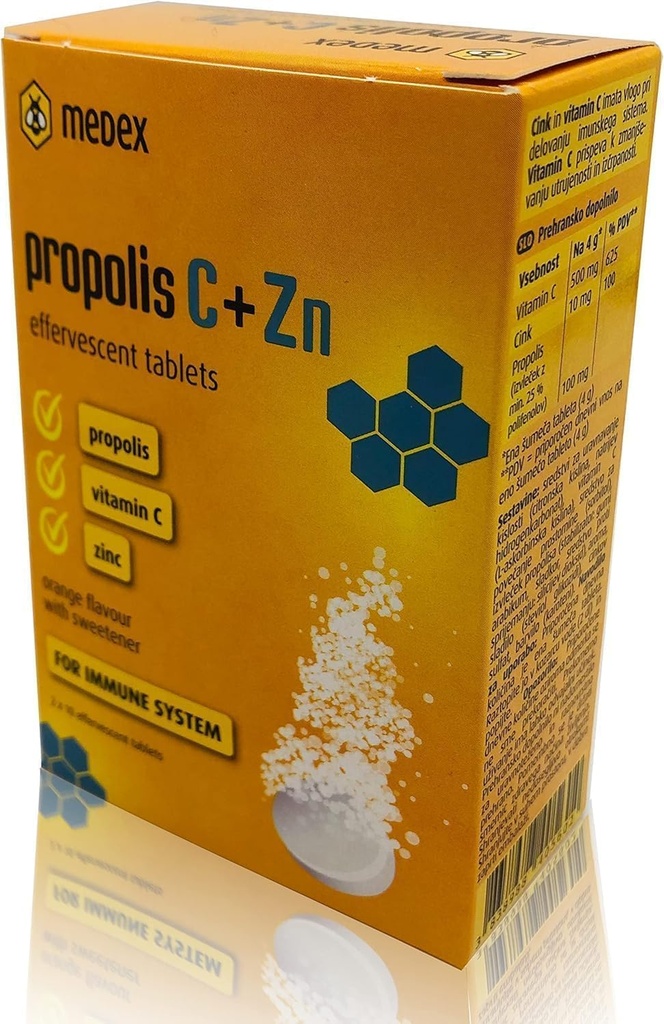 MEDEX Natural Bee Propolis Tablets - Vitamin C med Zink Effervescent Tablets til vedligeholdelse af immunforsvar Extra Defense Supplement - 20 tabletter - 80 gm