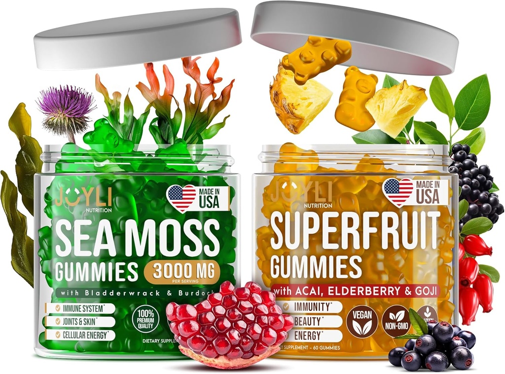 Irish Sea Moss & Superfruit Gummies - Frugt Multivitamin Gummies & Sea Moss Gummies for Voksne, Børn - Superfruit, Irish Sea Moss Bladerwrack Burdock Root - 60 Superfruit, 60 Irish Sea Moss Gummies