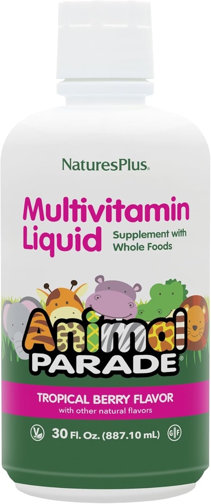NaturePlus Animal Parade Kilde til liv Børns Flydende Multivitamin - Tropisk Berry Flavor - 30 fl oz - Hele fødevarer supplement - Vegetarisk, Gluten- Free - 60 Servering