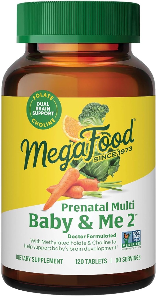 MegaFood Baby & Me 2 Prenatal Vitamin og Min - Vitamin til Kvinder - med Folate (Folinsyre naturlige form), Cholin, Jern, Jod, og C-vitamin, D-vitamin og mere - 120 Tabs (60 Servere)
