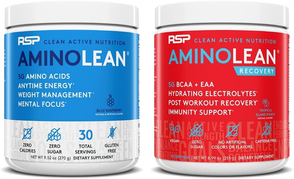 RSP NUTRITION AminoLean Pre Workout Energy (Blå Hindbær 30 Servere) med AminoLean Inddrivelse Post Workout Boost (Tropical Island Punch 30 Servere)