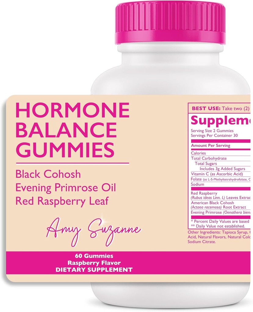 Hormone Balance Gummies for Women - Hormone Harmony for Mood, Energy, Bloating - Hormonal PMS, Perimenopause & Menopause Support - Rød Raspberry Leaf & Black Cohosh - 60 Gummy Kosttilskud
