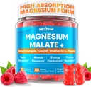 Magnesium Malat Energy Gummies Plus L- Theanin, CoQ10, Methyl B12, Methylfolat, B6 & D3- 400mg Magnesium Gummy Sugar Free for Women Mænd, Understøtter muskelfunktion, rolig og slap, Vegan, 60 Cts