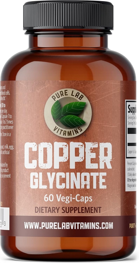 Pure Lab Vitamins Copper Glycinate Mineral Supplement -1 mg - 60 Vegan Caps Essential for Collagen Production, Supports Immune System & Red Blood Cell Formation - Gluten Free Made in Canada