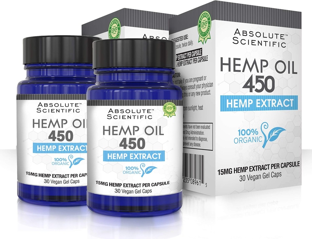 Absolut ernæring - Hamp Oil 450 Kapsler 2 Pack 60ct - 100% Økologisk Hamp Kapsler - Rig i Omega Fedtsyrer 3 6 9 - Vokset og Lavet i USA - med MCT Oil