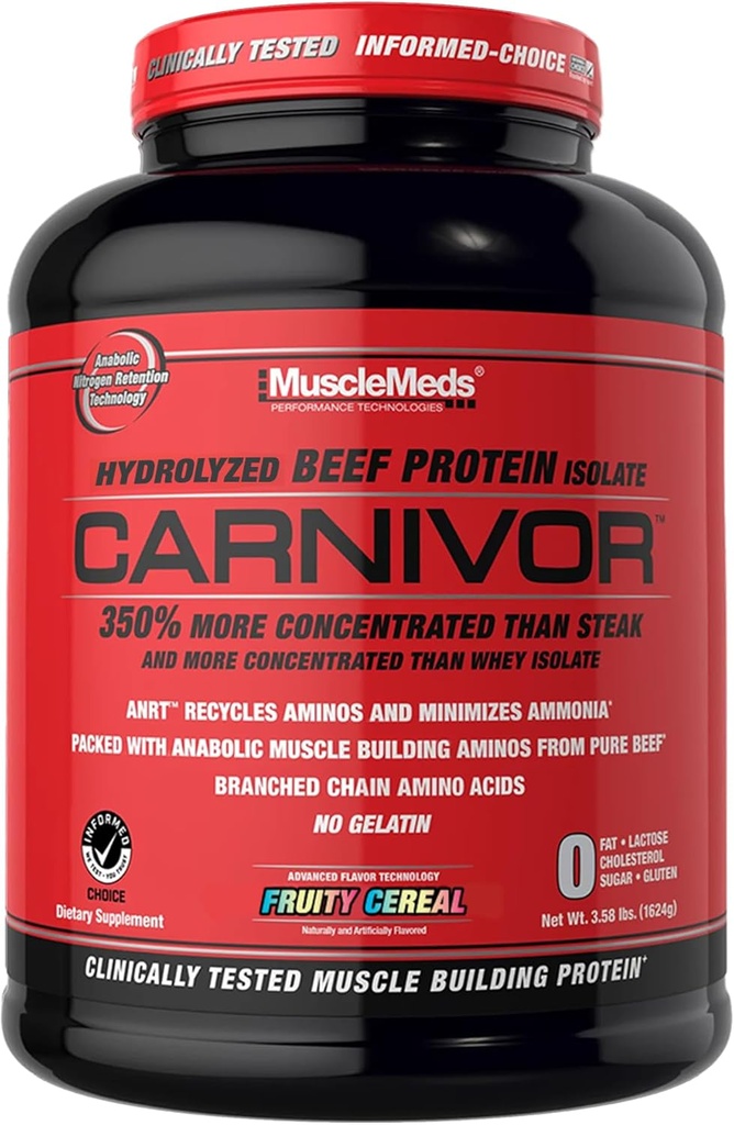 MuscleMeds CARNIVOR Beef Protein Isolate Powder, Muscle Building, Recovery, Lactose Free, Sugar Free, Fat, Free, 23g Protein, Fruity cereal, 56 Servering