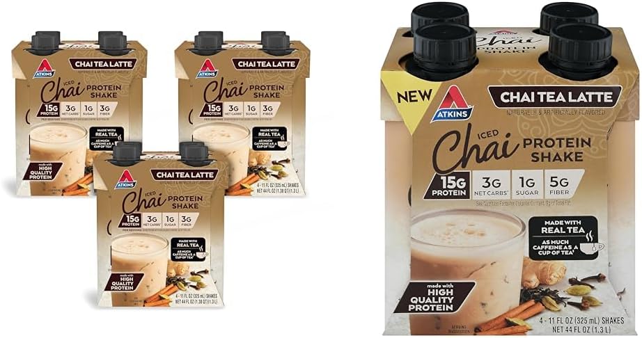 Atkins Chai Tea Latte Protein Shake Bundle with 15g Protein, 3g Net Carb, 1g Sugar (4 Pack) Iced Chai Tea Latte Protein Shake