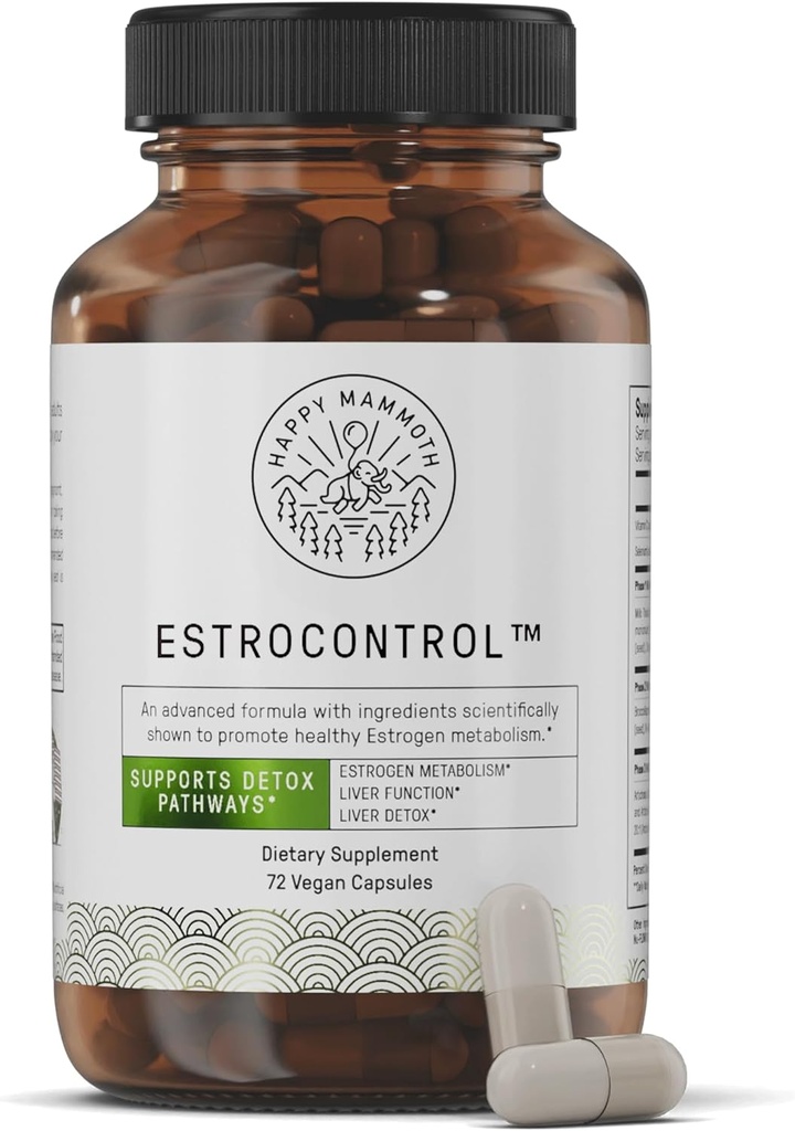 Happy Mammoth EstroControl Natural Estrogen Balance Support til kvinder. Relief for PMS, Irritability, Hormonal Vægt Gain, Cravings, Metabolisme, uregelmæssige perioder, sund energi. 72 Caps.