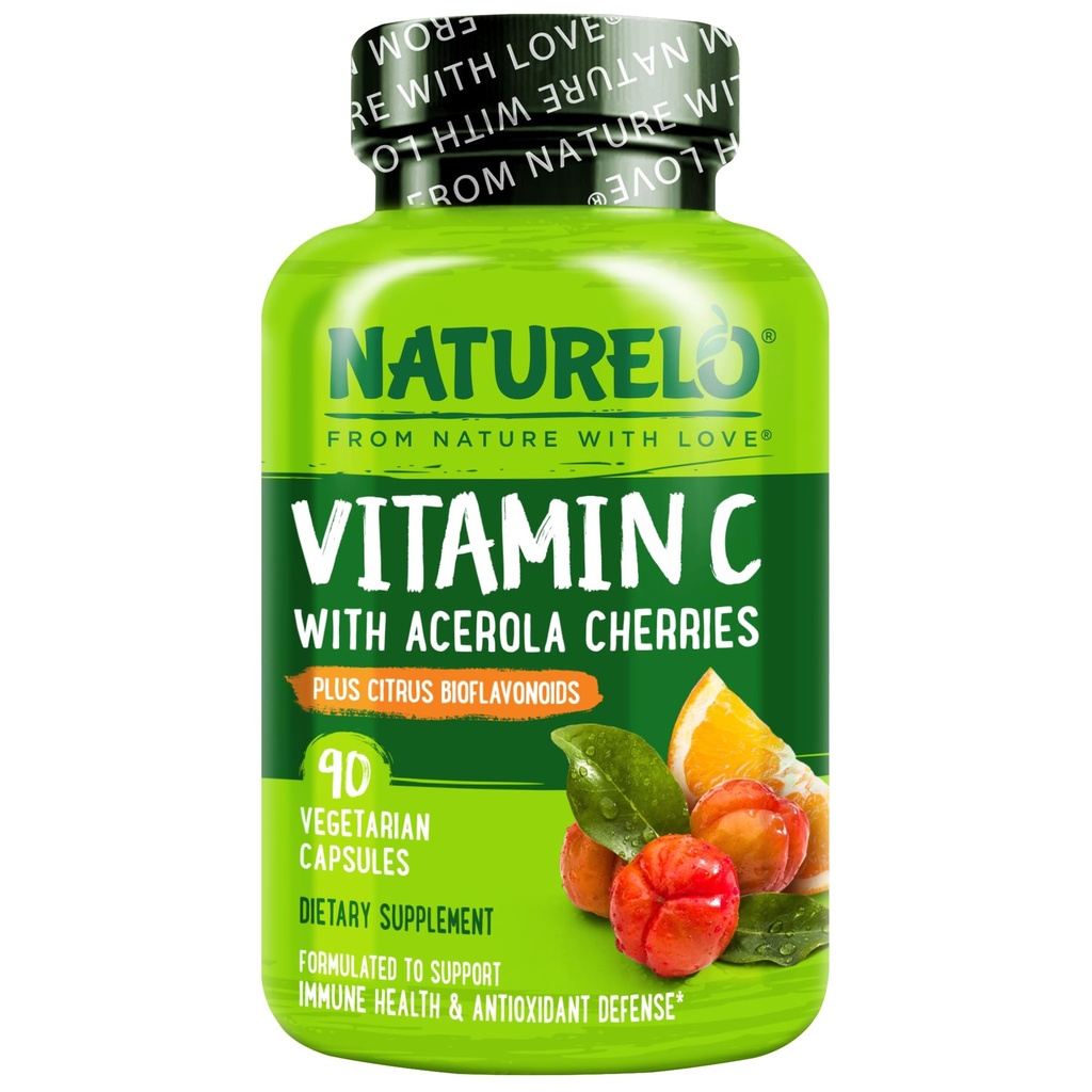 NATURELO C-vitamin med Organic Acerola Cherry Extract og Citrus Bioflavonoider - Vegan Supplement - immunsupport - 500 mg VIT C pr. kapsel - ikke-GMO - 90 kapsler