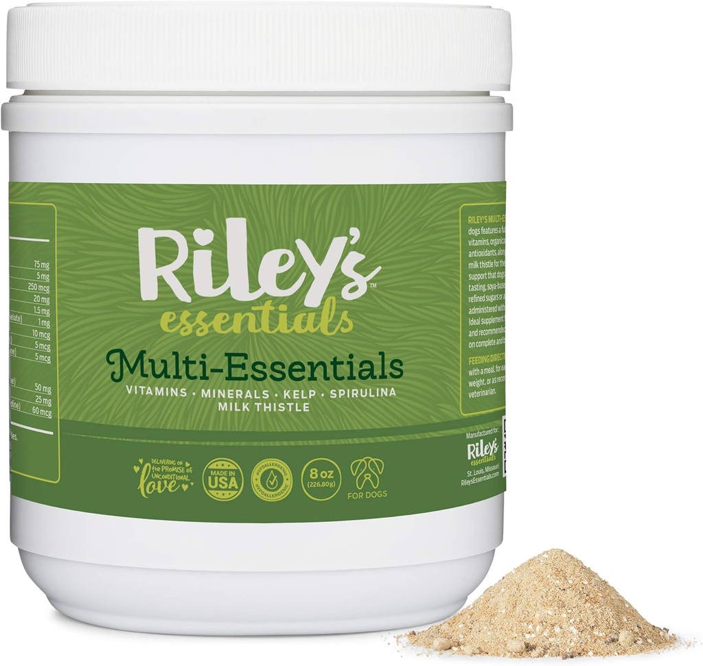 Rileys Multi- Essentials Multivitamin til hunde - Vitaminer, mineraler, Spirulina, Kelp, og Milk Thistle for Nutritional Support - Puppy og Senior Dog Vitaminer - 8oz Powder
