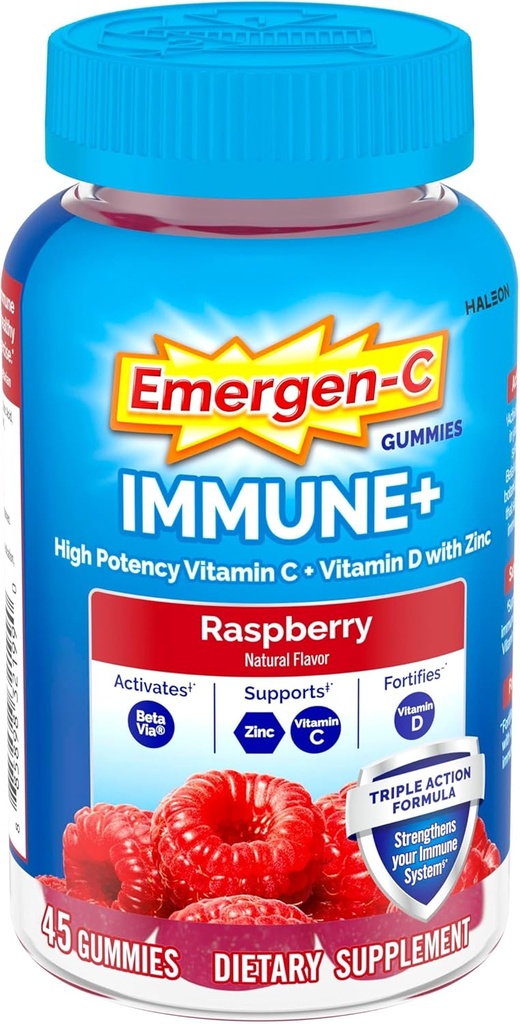 Emergen- C Immunum + Triple Action Immunsupport Gummies, BetaVia (R), 1000mg C-vitamin, B-vitaminer, D-vitamin og antioxidanter, Hindbær, Tilbage til skolen Essentials - 45 Greve