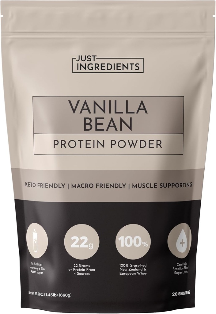 JUST INGREDIENSER Vanilla Bean Protein Powder - 20-Serving Blend med 100% Grass- Fed Whey & Organic Plant Proteins - Real Vanilla Bean & Cinnamon - Understøtter muskel Inddrivelse, Energi *
