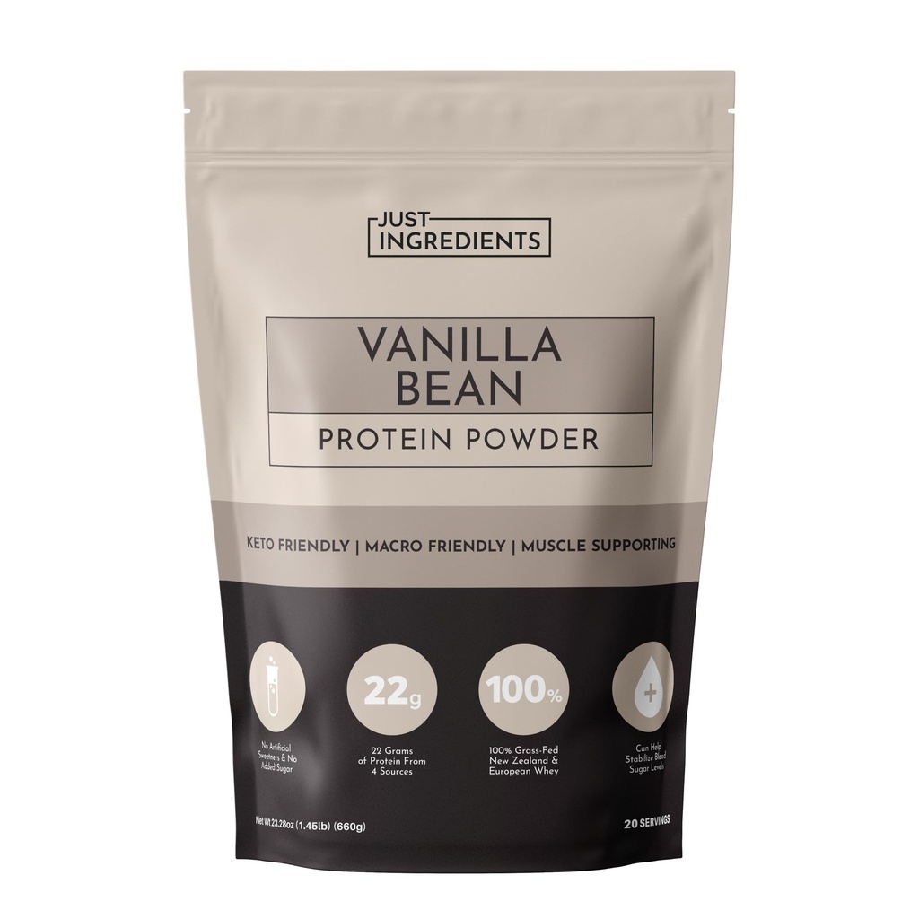 JUST INGREDIENSER Vanilla Bean Protein Powder - 20-Serving Blend med 100% Grass- Fed Whey & Organic Plant Proteins - Real Vanilla Bean & Cinnamon - Understøtter muskel Inddrivelse, Energi *