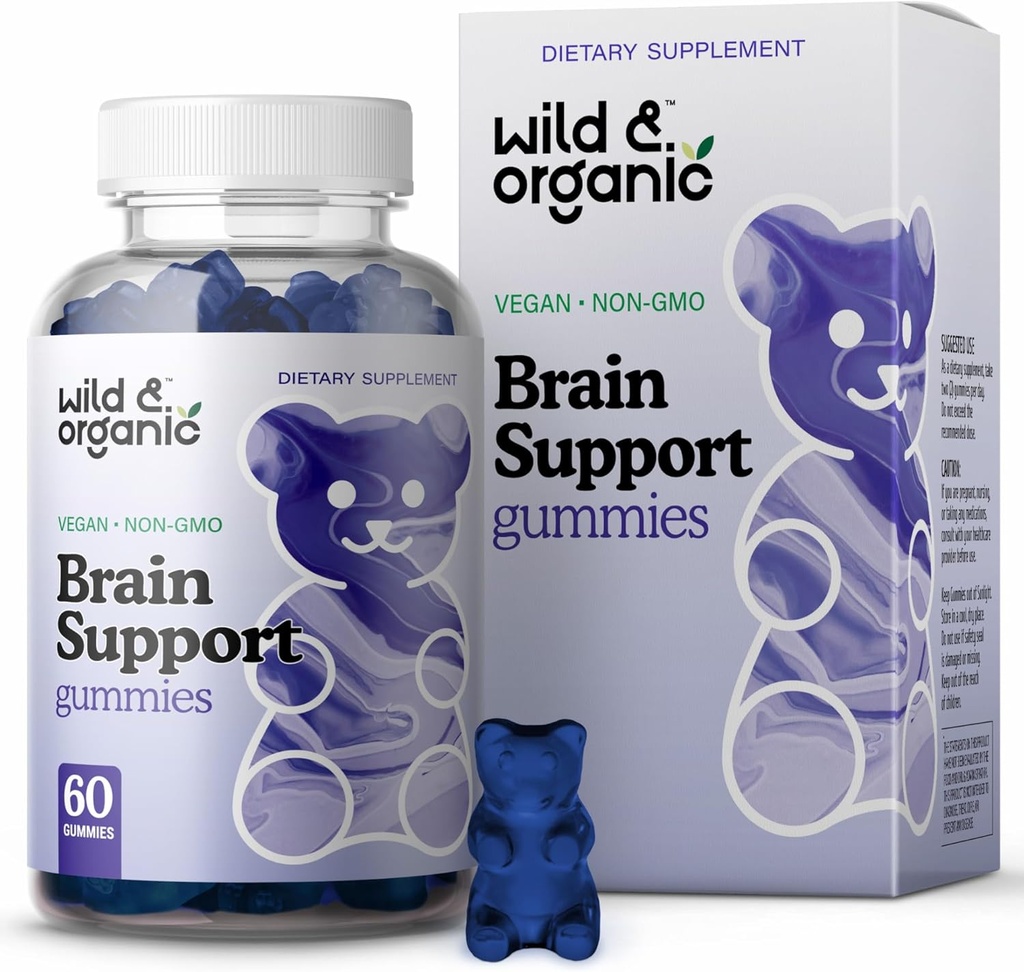 Wild & Organic Brain Support Gummies - Focus Supplement w / Ashwagandha Root, Vitamin B12, Ginkgo Biloba, Bacopa - Vegansk Chews for Clarity & Productivity - 60 Brain Gummies