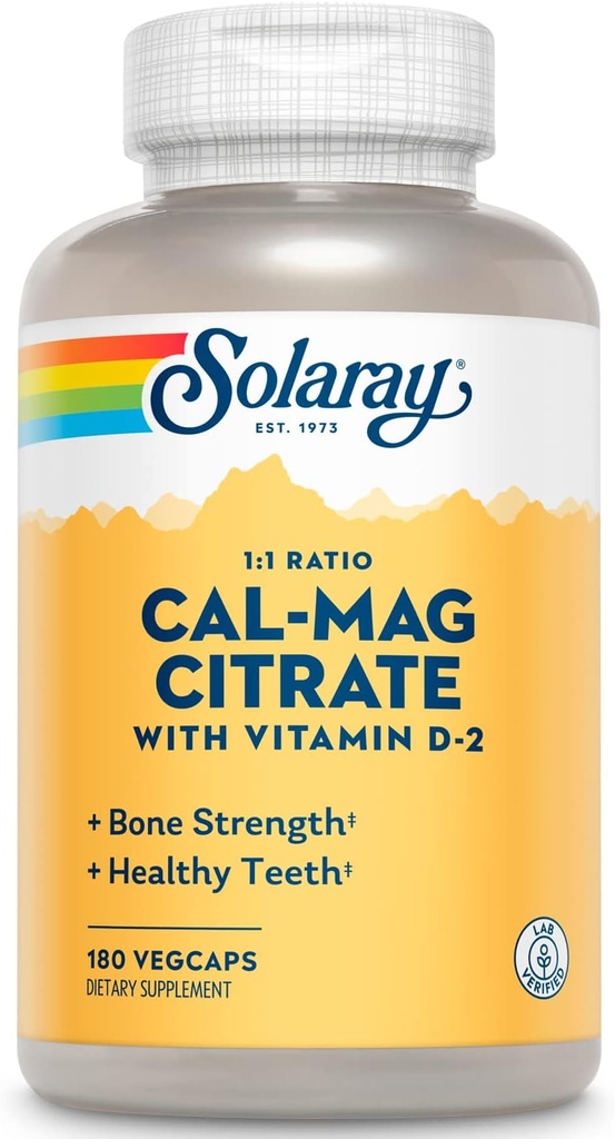 SOLARAY Calcium Magnesium Citrate 1: 1 Ratio w / vitamin D 2 - Calciumtilskud til kvinder og mænd - Calcium 1000mg, Magnesium 1000mg - ben sundhedsstøtte - 60- dag garanti, 30 Servering, 180 VegCaps
