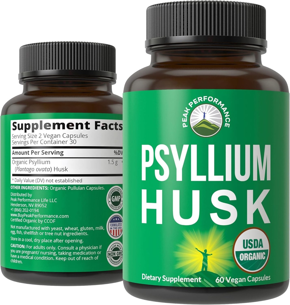 USDA Organic Psyllium Husk Vegansk Kapsler Lavet med Organic Psyllium Husk Seed. Fibertillæg til Gut. Fordøjelsesmiddel Prebiotika. Piller til fordampning, Roughage uden bloating. Tabletter