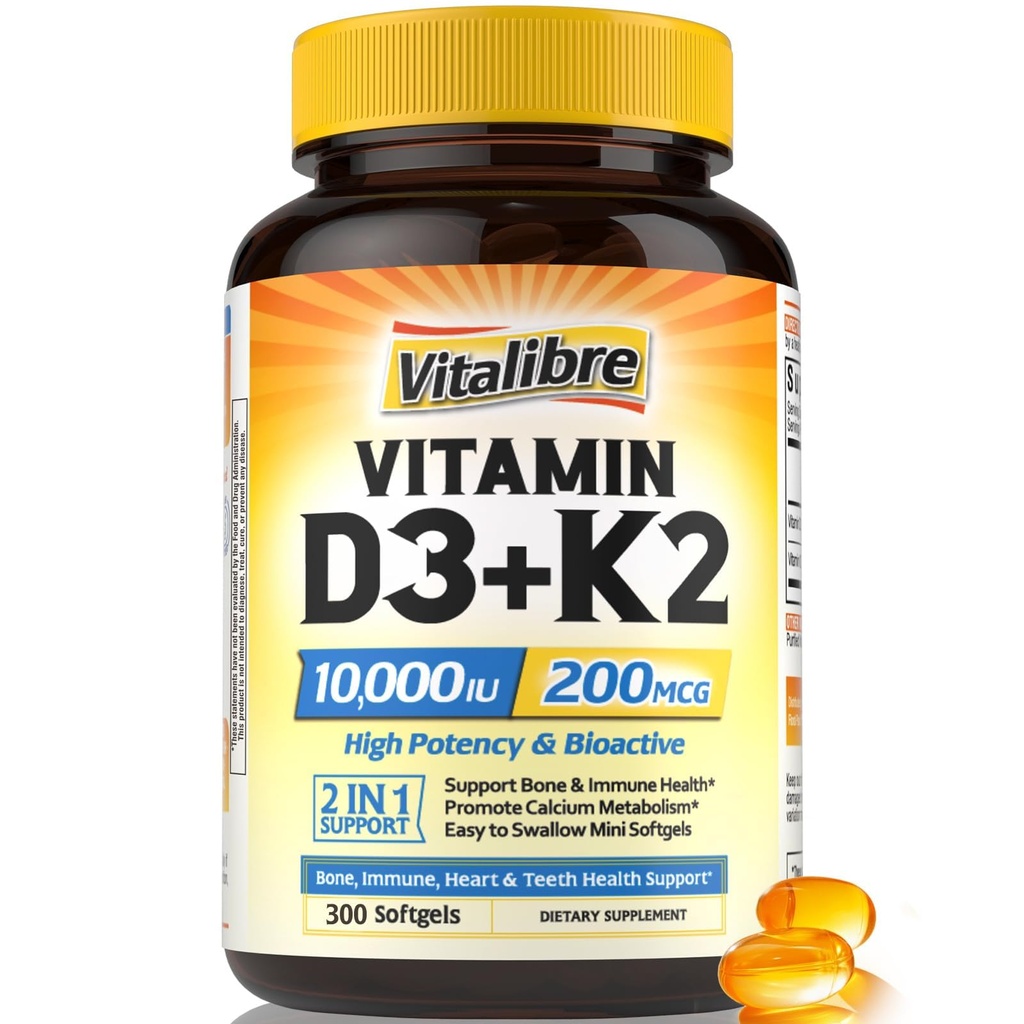 D3- vitamin K2 tillæg, 10000 IE D3 / 200 mcg K2 MK7, Calcium Absorption, Bone, Heart, Immun & Mood Support, Enhanced Absorption, No Soy, Easy to Swallow, 300 Softgel