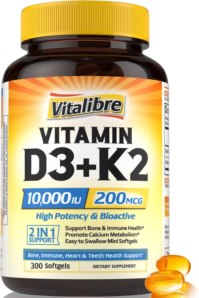 D3- vitamin K2 tillæg, 10000 IE D3 / 200 mcg K2 MK7, Calcium Absorption, Bone, Heart, Immun & Mood Support, Enhanced Absorption, No Soy, Easy to Swallow, 300 Softgel