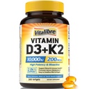 D3- vitamin K2 tillæg, 10000 IE D3 / 200 mcg K2 MK7, Calcium Absorption, Bone, Heart, Immun & Mood Support, Enhanced Absorption, No Soy, Easy to Swallow, 300 Softgel