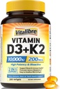 D3- vitamin K2 tillæg, 10000 IE D3 / 200 mcg K2 MK7, Calcium Absorption, Bone, Heart, Immun & Mood Support, Enhanced Absorption, No Soy, Easy to Swallow, 300 Softgel
