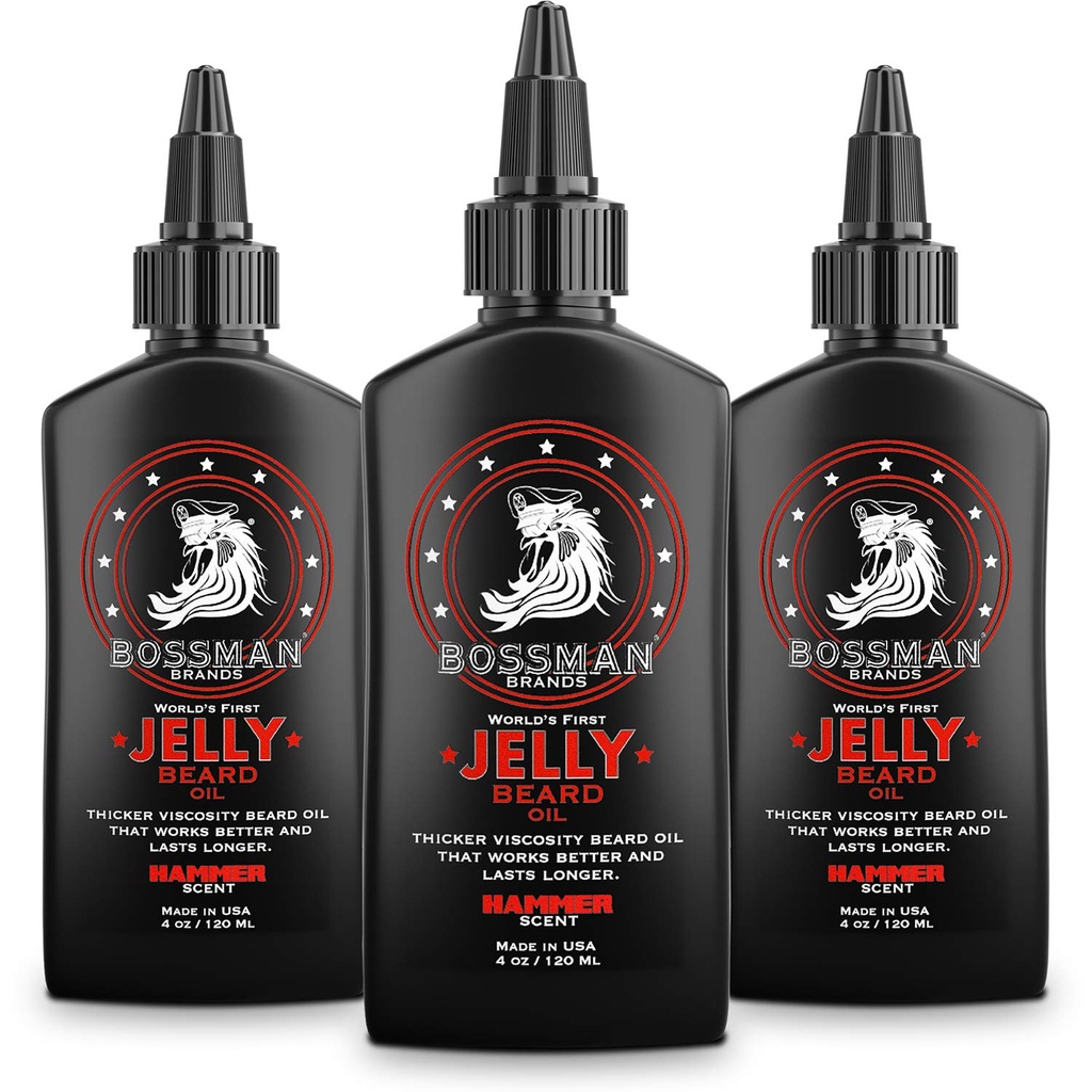 Bossman Jelly Beard Oil til mænd - 3 Pack (12 oz i alt, Hammer Duft) - Blødninger, fugter og betingelser med naturlige ingredienser