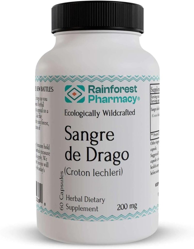 Sangre de Drago 60 Vegetarian Capsules 200 mg - 100% Pure Peruvian Ecologically Wildcrafted Croton Lechleri Dragon’s Blood for Digestive and Skin Health