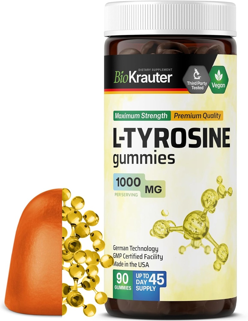 BIO KRAUTER L Tyrosine Supplement Gummies - 1000 mg Styrke - 90 Veganske tykkere - Mood and Cognitive Support - L- Tyrosine Gummies - Pectin- baseret formel