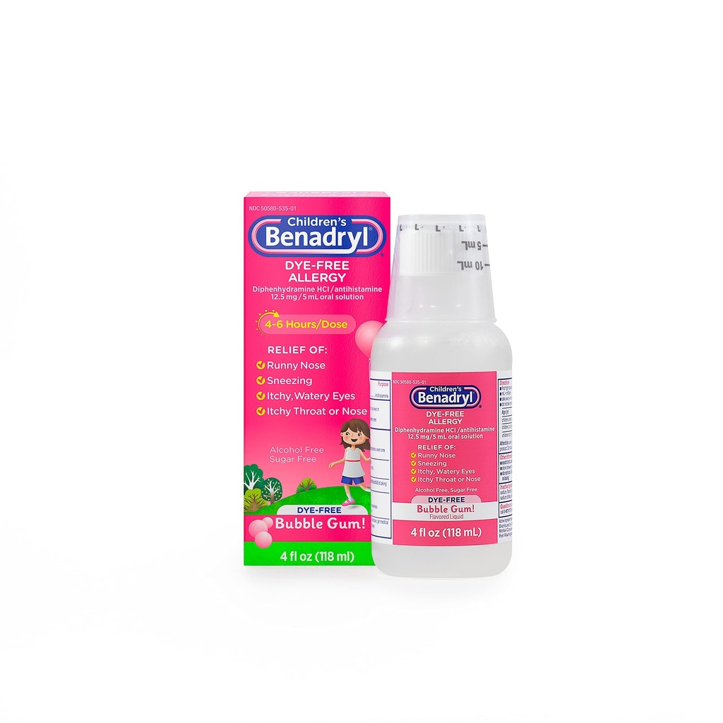 Benadryl Fary- Free Allergy Relief Liquid + 12, 5 mg Diphenhydramin HCl, Antihistamin Allergy Medicine for Kids Hjælper Relieve Runny Næse & Nysen, Bubble Gum Flavor, 4 fl. oz