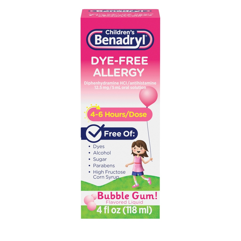 Benadryl Fary- Free Allergy Relief Liquid + 12, 5 mg Diphenhydramin HCl, Antihistamin Allergy Medicine for Kids Hjælper Relieve Runny Næse & Nysen, Bubble Gum Flavor, 4 fl. oz