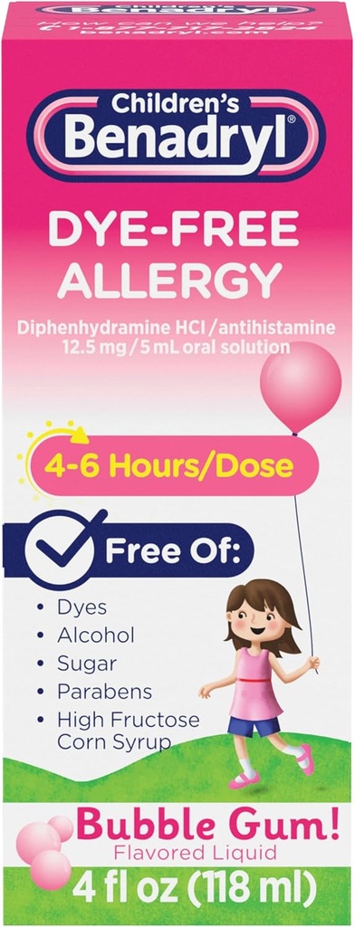 Benadryl Fary- Free Allergy Relief Liquid + 12, 5 mg Diphenhydramin HCl, Antihistamin Allergy Medicine for Kids Hjælper Relieve Runny Næse & Nysen, Bubble Gum Flavor, 4 fl. oz