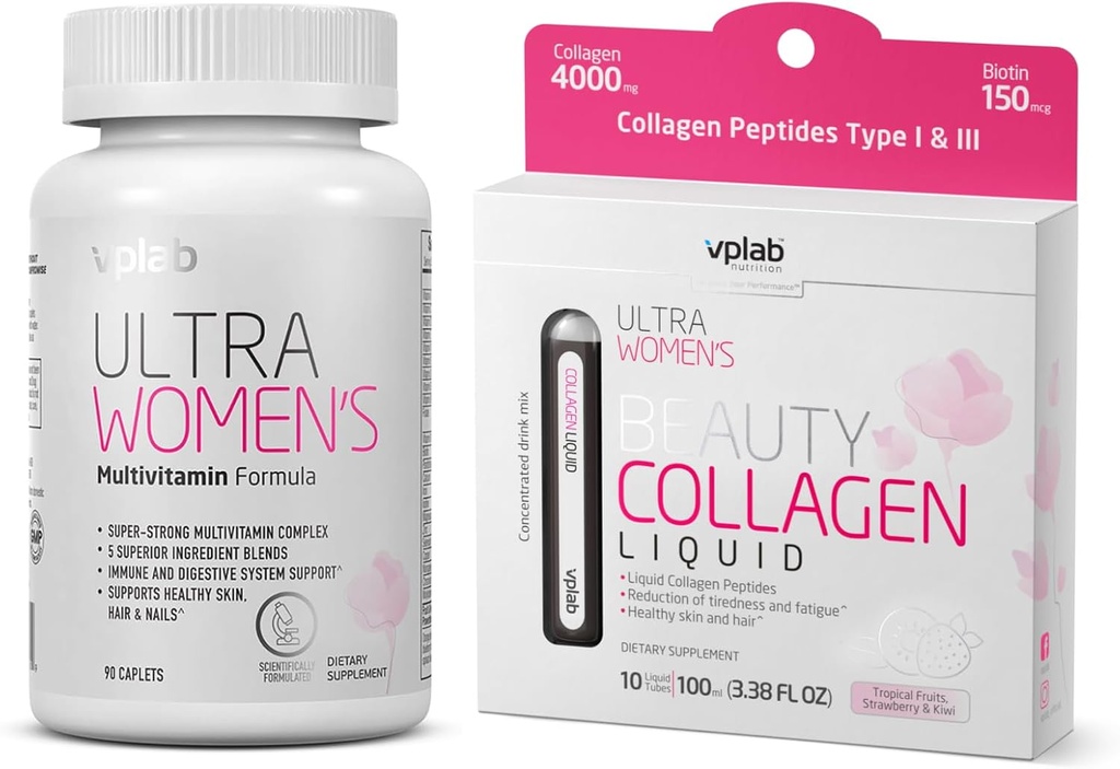 VPLab kvinders skønhed bundle - Multivitamin kapsler & flydende kollagen til hår, hud, negle - Biotin, jern, B-vitamin, D, C & zink - Essential Daily Health Support, 90 kapsler + 10 rør