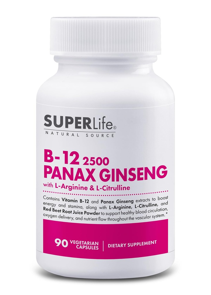 Fresh Start Vitamin B- 12 2500 & Panax Ginseng med L- arginin & L- Citrullin - Kraftfuld energi Booster - 124; Understøtter normal blodgennemstrømning & energi stofskifte - 124; tillæg - 90 kapsler