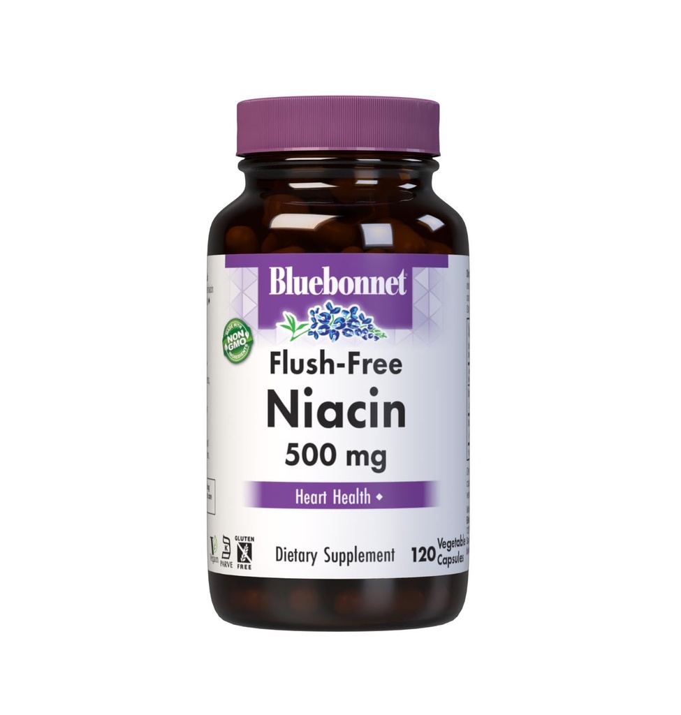BlueBonnet Nutrition Flush- Free Niacin 500mg, for Nutritional Cardiovaskulær Support Vegetabilske kapsler, Soja / Dairy / Gluten Free, Non- GMO, Kosher Certified, Vegan, White, 120 Count