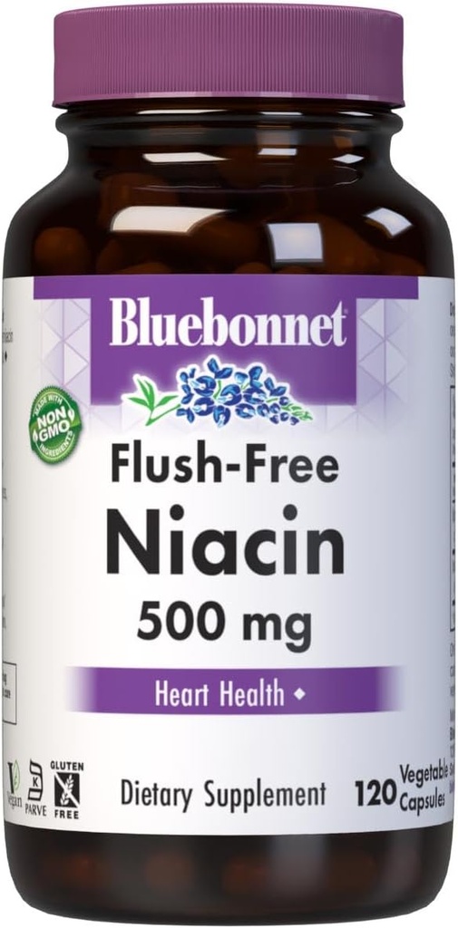 BlueBonnet Nutrition Flush- Free Niacin 500mg, for Nutritional Cardiovaskulær Support Vegetabilske kapsler, Soja / Dairy / Gluten Free, Non- GMO, Kosher Certified, Vegan, White, 120 Count