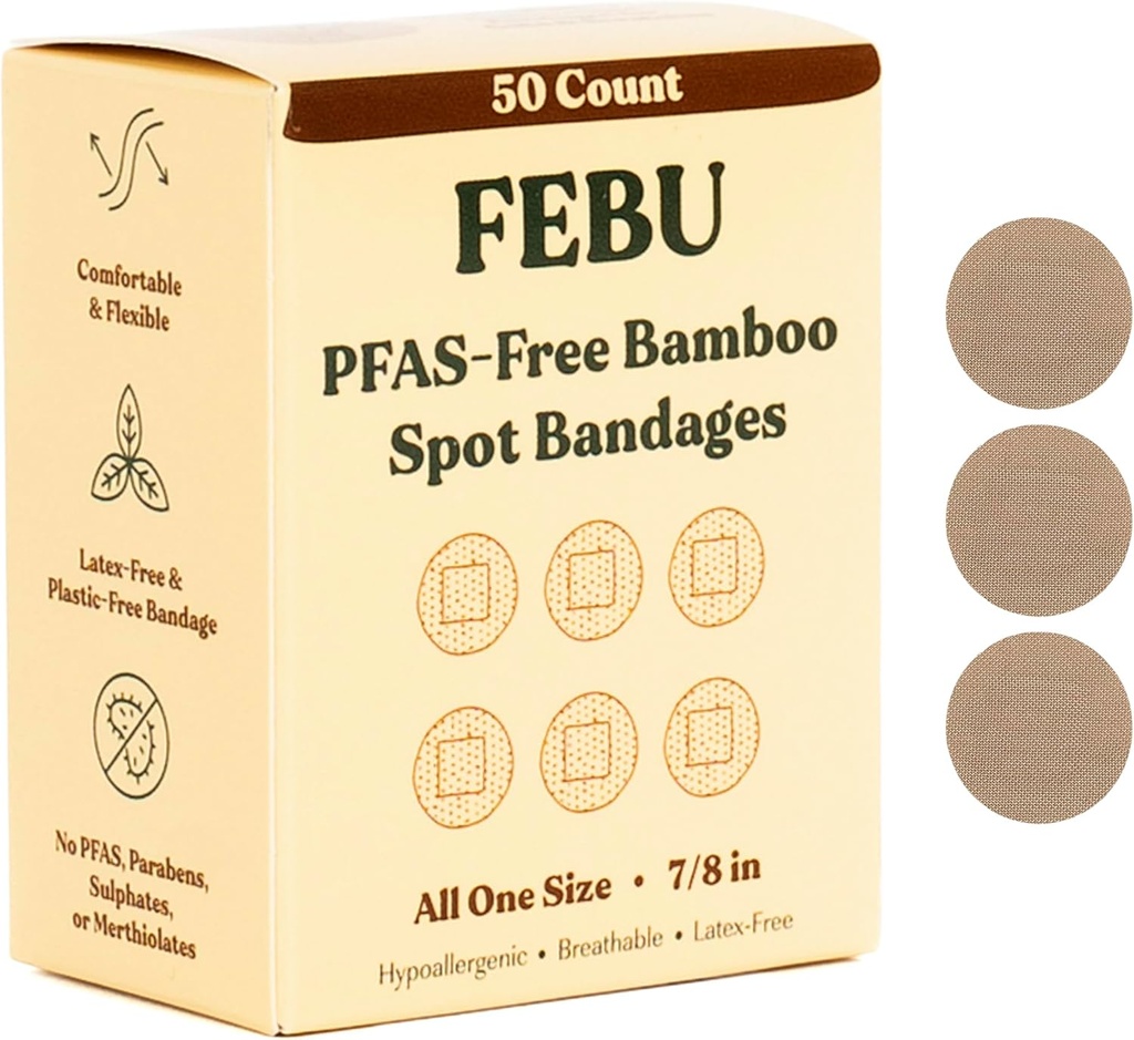 FEBU Eco- Friendly Bamboo Fabric Bandages against 124; PFAS Free Bandages for Scrapes & Cuts against 124; Fleksibel Fabric Bandage against 124; Fuldt komposterbar, Latex Free Bandage against 124; 50 Count Spot
