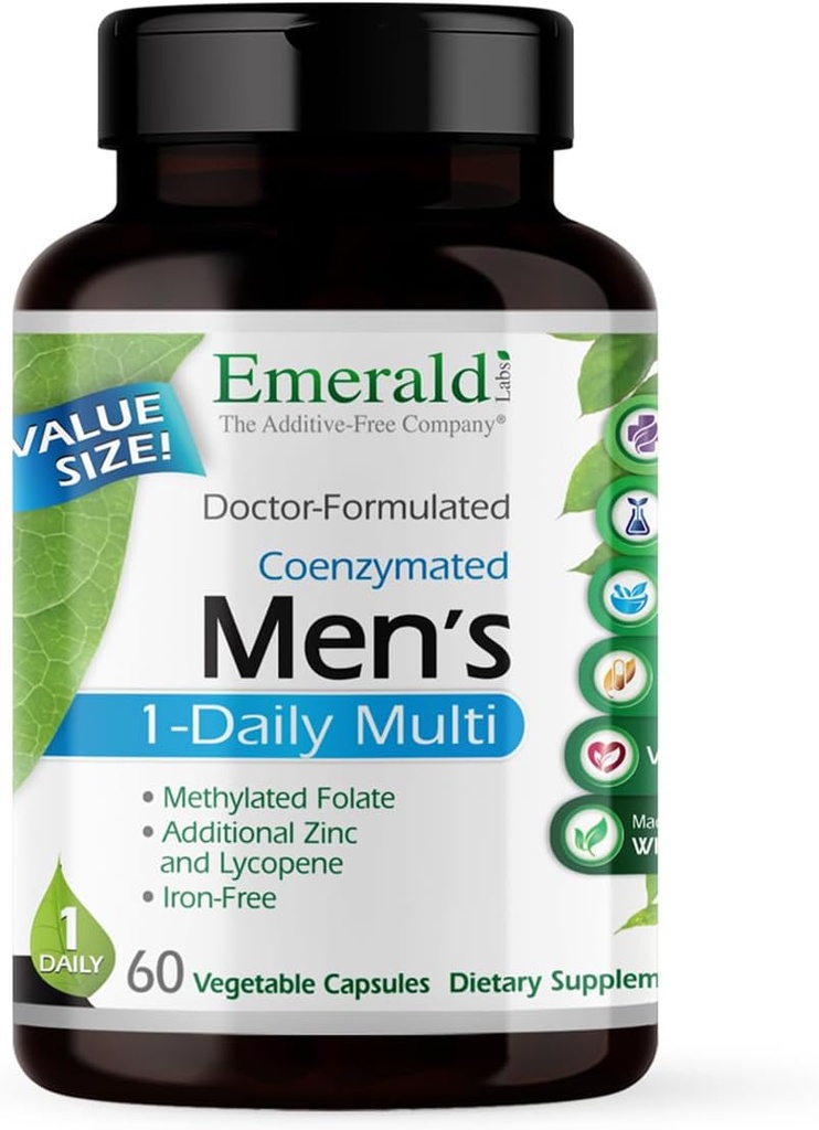 NØDMÆSSIGE ETIKETTER Mænds 1 Daily Multi - Additive- Free Mænds Multivitamin - Inkluderer Lycopene, Zink, Vitamin D3, & Mere - Understøtter Bones, Prostata & Vision * - 60 Vegetabilske kapsler
