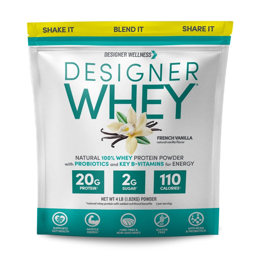 Designer Wellness, Designer Whey, Natural When Protein Powder with Probiotics, Fiber, and Key B- Vitaminer for Energy, Gluten- Free, Fransk Vanilla, 4 LB