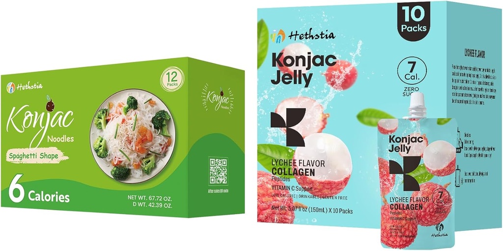 Hethstia Konjac Jelly Lychee Flavor med Collagen Peptider 10 Pakker og Konjac Spaghetti Gluten Free 12 Pakker Lav kalorie, Keto, Sugar Free, Sund mad