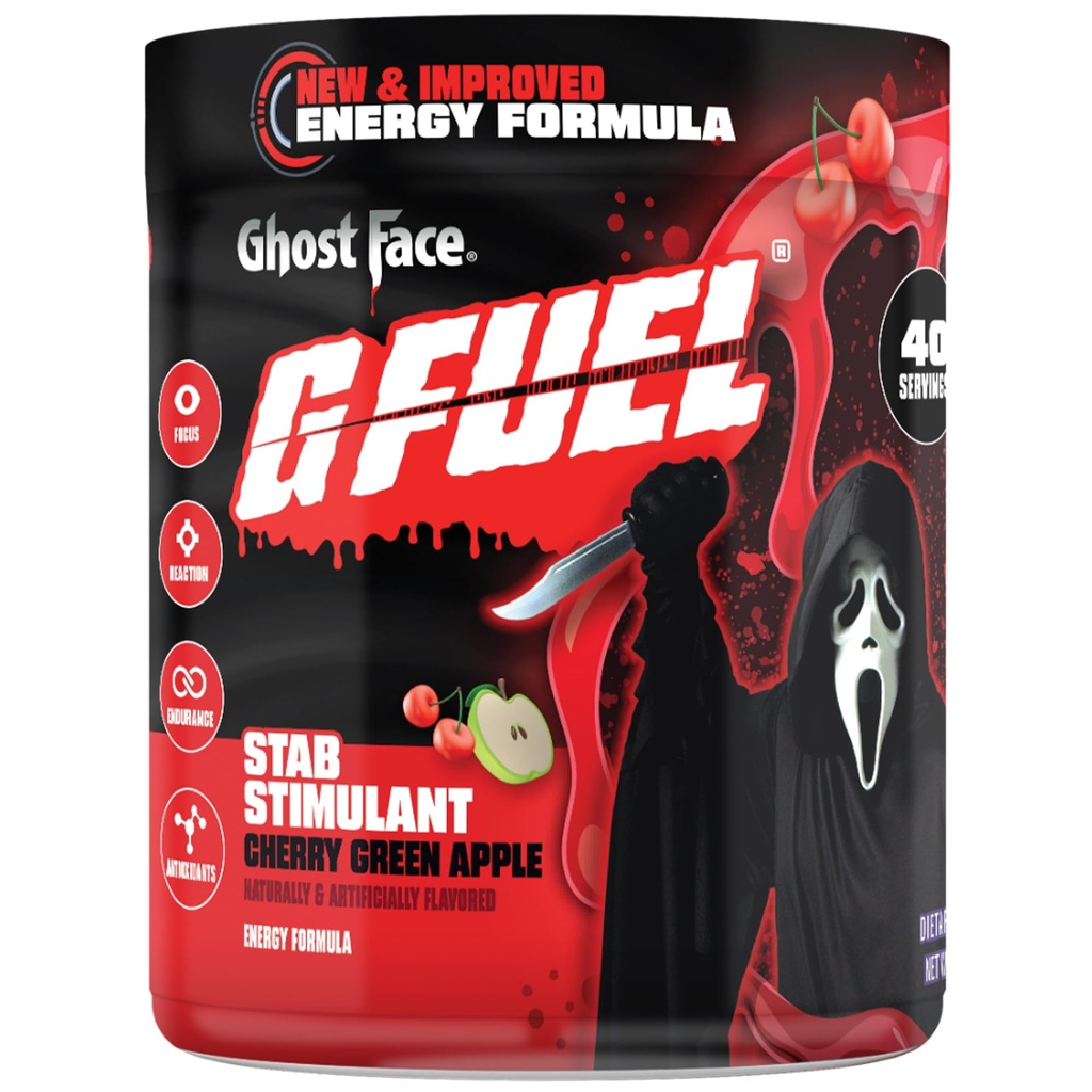 G Brændstof spøgelse ansigt energi drik pulver, Pre workout koffein mix til gaming, Sugar Free Focus Amino, Vitamin + Antioxidanter, 9.9oz (Cherry Green Apple, 40 Servere)
