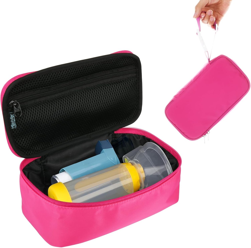 Beautyflier rejse carriing sag for Portable Nebulizer, Inhaler plads til børn og voksne, Inhaler Holder Asthma carriing Bag med Mesh Pocket til medicin og andre essentials, Pink (sag kun)