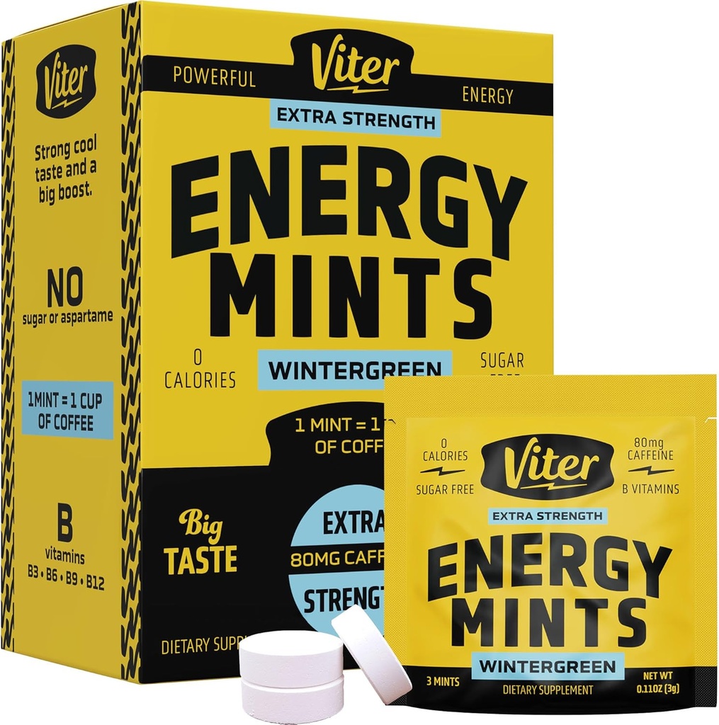 Viter Energy Caffeine Mints 80mg Extra Strength - 90 Pieces Caffeinated with B Vitamins. Sugar Free Vegan Breath Mint. Energize Nootropic Focus Booster for Fast Alertness (Wintergreen Flavor, 30 Pack)