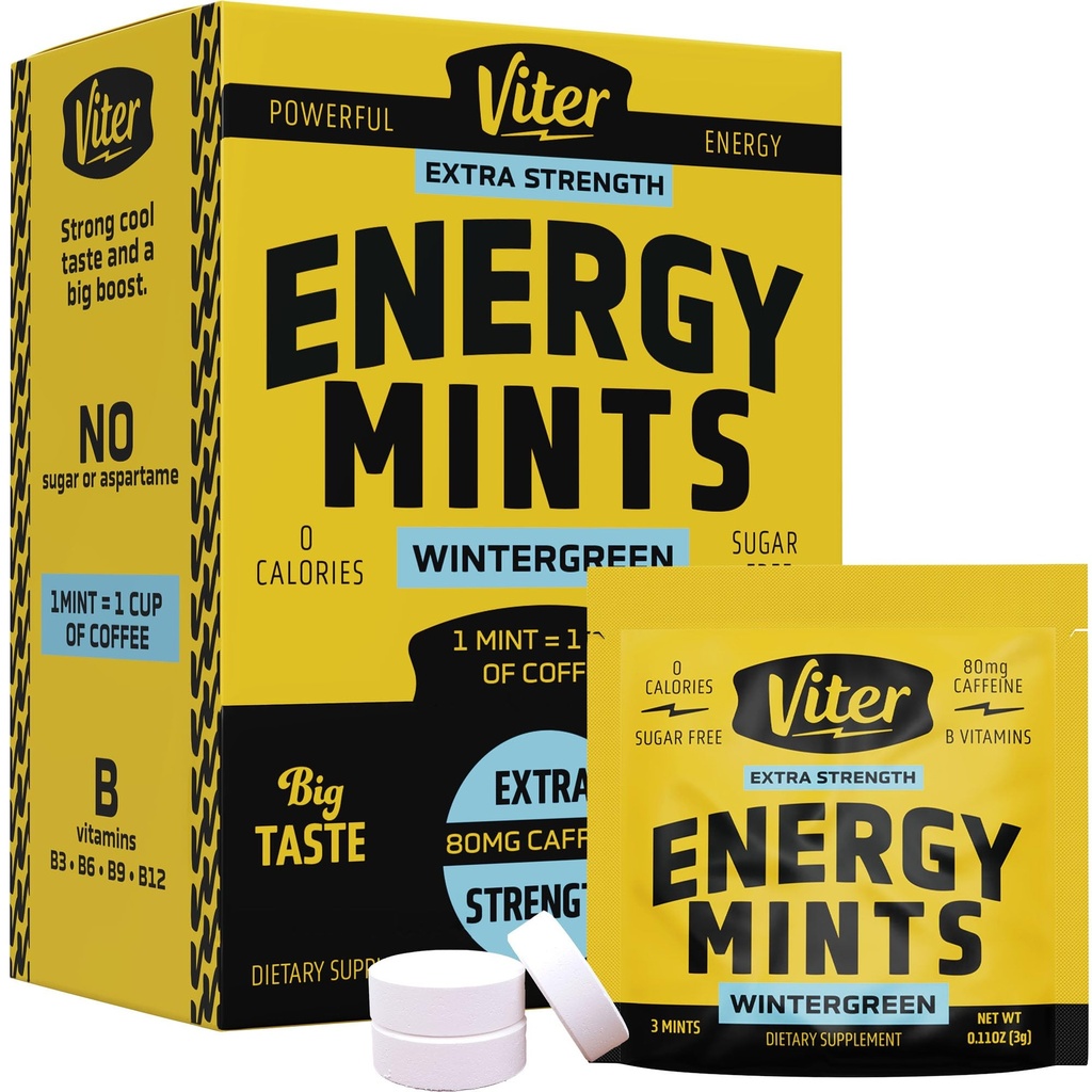 Viter Energy Koffein Mints 80mg Extra Strength - 90 stykker kaffe med B-vitaminer. Sugar Free Vegan Breature Mint. Energize Nootrop Focus Booster for Hurtig Alerness (Wintergreen Flavor, 30 Pack)