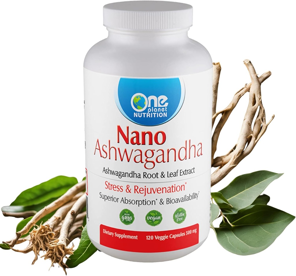 One Planet Nano Ashwagandha Root & Leaf 500 mg Veggie Kapsler (120 Servere), 10: 1 Uddrag, Understøtter Hormone & Neurologisk funktion for stress Relief, Non- GMO, Vegan, Gluten- Free