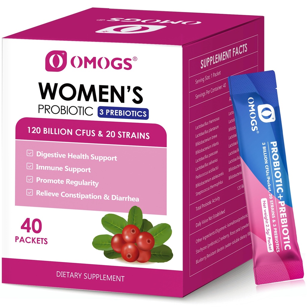 OMOGS Kvinder Probiotiske, 120- Billion- CFU 'er, 18 Strops, med 3 Prebiotika og Cranberry Extract, Hjælp til immunbooster, fordøjelsessygdomme, Gut Sundhed og Vaginal Sundhed