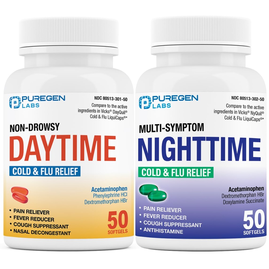 Puregen Labs Daytime and Nighttime Combo Pack, Cold and Flue Relief Medicine 124; Kraftfuld Multisymptom Daytime og Nighttime Relief for Hovedpine, Feber, Sore Throat, Hough, Congestion og Aches