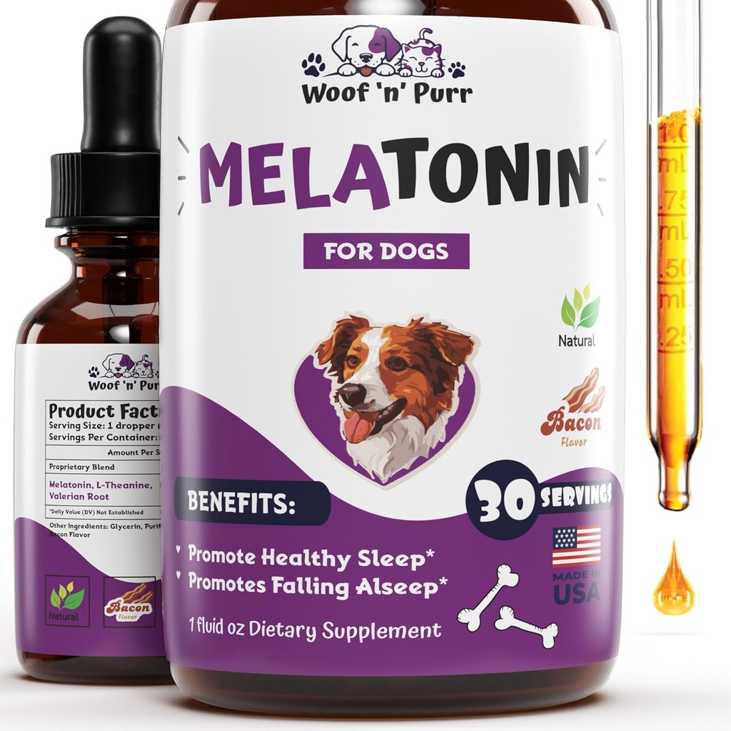 Hund Melatonin - Melatonin til hunde - Hundesøvn støtte - Søvnstøtte til hunde - Melatonin til hunde søvn - Hund Calming - Calming til hunde - Hund Calming Treatings - Hund Angst Relief - 1 fl oz: Bacon Flavor