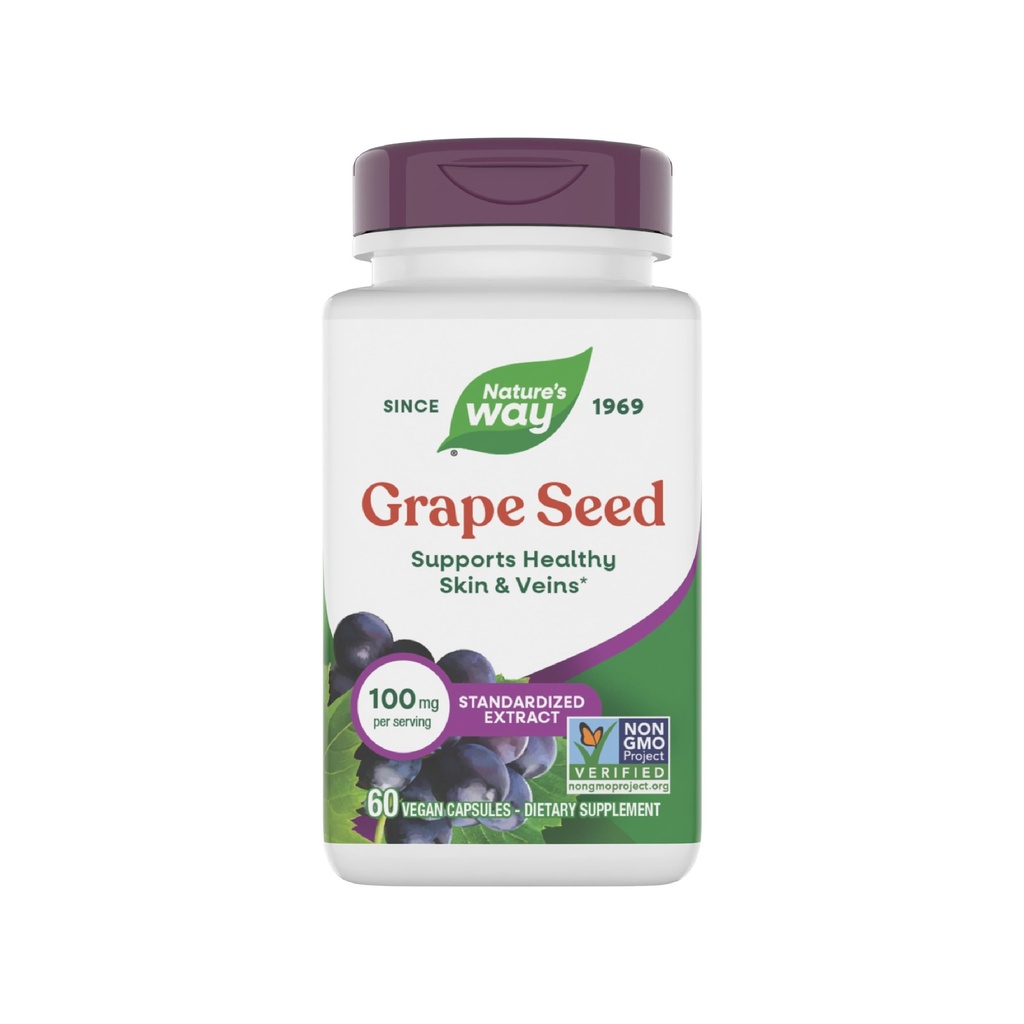Nature 's Way Grape Seed Standardized Extract, Understøtter sund hud og veiner *, Antioxidant Support *, Non- GMO projekt Verified, 60 Vegan kapsler (Packaging May Vary)