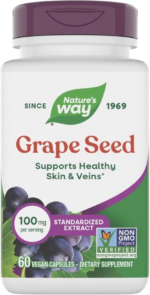 Nature 's Way Grape Seed Standardized Extract, Understøtter sund hud og veiner *, Antioxidant Support *, Non- GMO projekt Verified, 60 Vegan kapsler (Packaging May Vary)