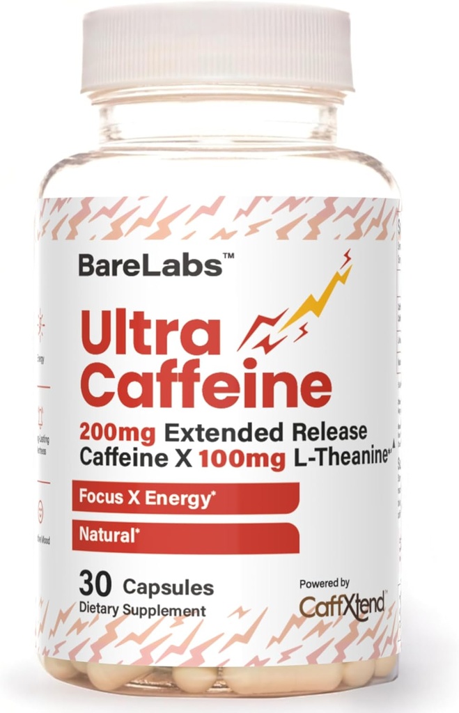 Ultra Coffein Pills + 200 mg Extended Release + L- Theanine for Energy & Focus + Ingen Jitters, No Crash + Natural Coffein Supplement - 30 kapsler